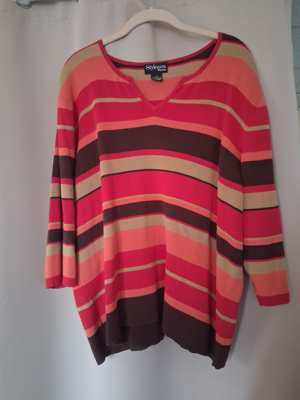 Style & Co. Coral, Brown and Beige Striped V-Neck Sweater